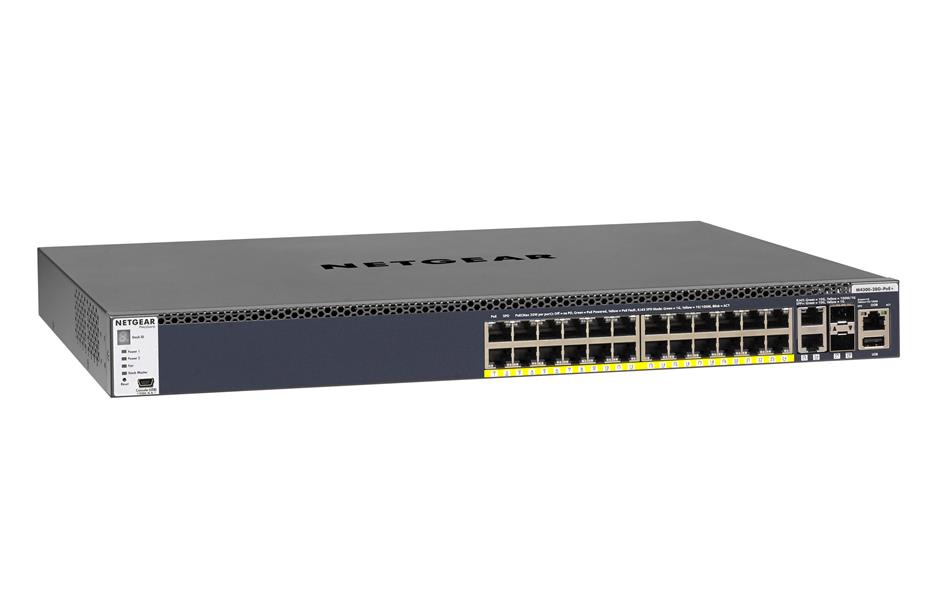 Netgear ProSAFE Managed Switch - GSM4328PB - Stackable platform met 24 PoE+ poorten + 2 x SFP+ en 2 x 10GBASE-T poorten (1000W PSU)