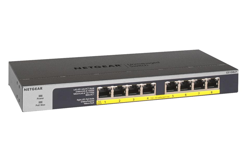 Netgear GS108LP Unmanaged Gigabit Ethernet (10/100/1000) Zwart, Grijs 1U Power over Ethernet (PoE)