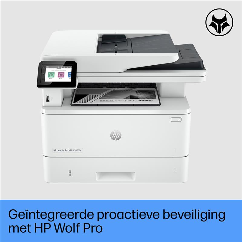 HP LaserJet Pro MFP 4102fdw printer, Zwart-wit, Printer voor Kleine en middelgrote ondernemingen, Printen, kopiëren, scannen, faxen, Draadloos; Geschi