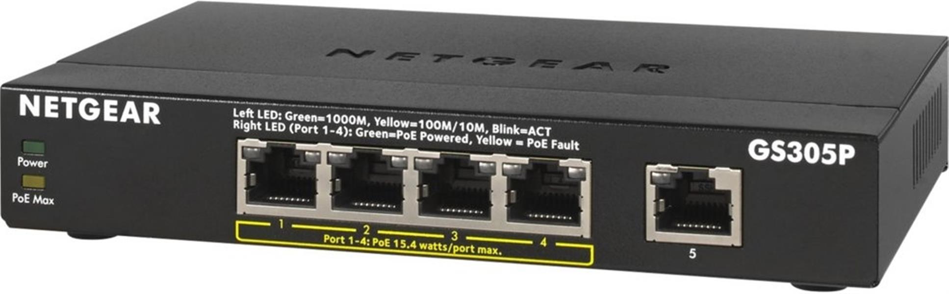 Netgear GS305Pv2 Unmanaged Gigabit Ethernet (10/100/1000) Power over Ethernet (PoE) Zwart