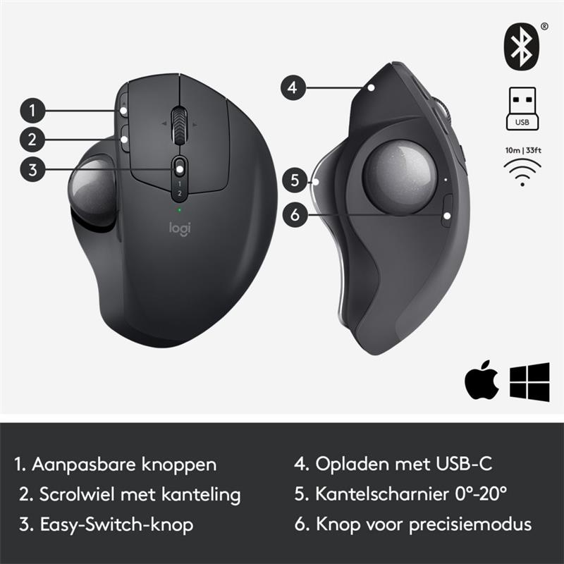 Logitech MX Ergo muis RF draadloos + Bluetooth Trackball 440 DPI Rechtshandig